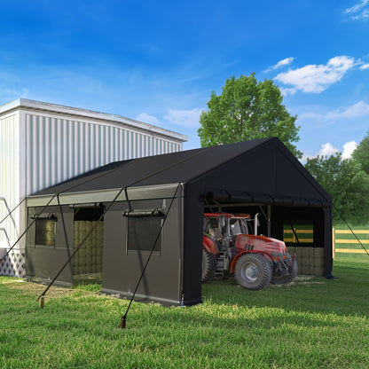20'x20' Heavy‑Duty Portable Carport Garage, Grey Car Shelter with Removable Side Walls & Doors, Roll‑Up Window and Sandbags for Cars, Trucks & Boats