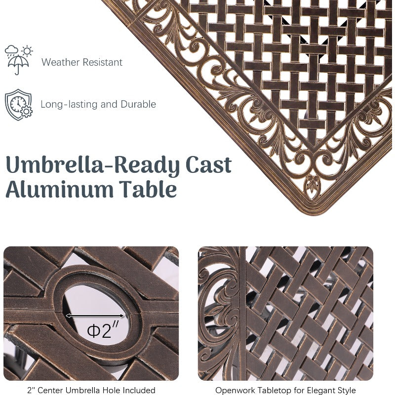 7‑Piece Cast Aluminum Outdoor Patio Dining Set, Ornate Scrollwork Weather‑Resistant Rust‑Proof Patio Furniture, Square Table with 6 Cushioned Chairs for Garden, Backyard & Poolside