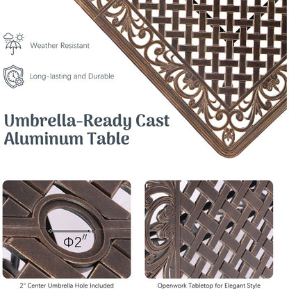 7‑Piece Cast Aluminum Outdoor Patio Dining Set, Ornate Scrollwork Weather‑Resistant Rust‑Proof Patio Furniture, Square Table with 6 Cushioned Chairs for Garden, Backyard & Poolside