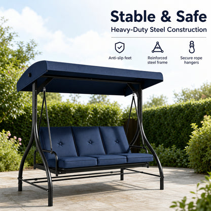 3 seat porch swing, outdoor patio swing, swing chair with canopy, heavy duty steel swing, tufted cushion swing, backyard garden furniture