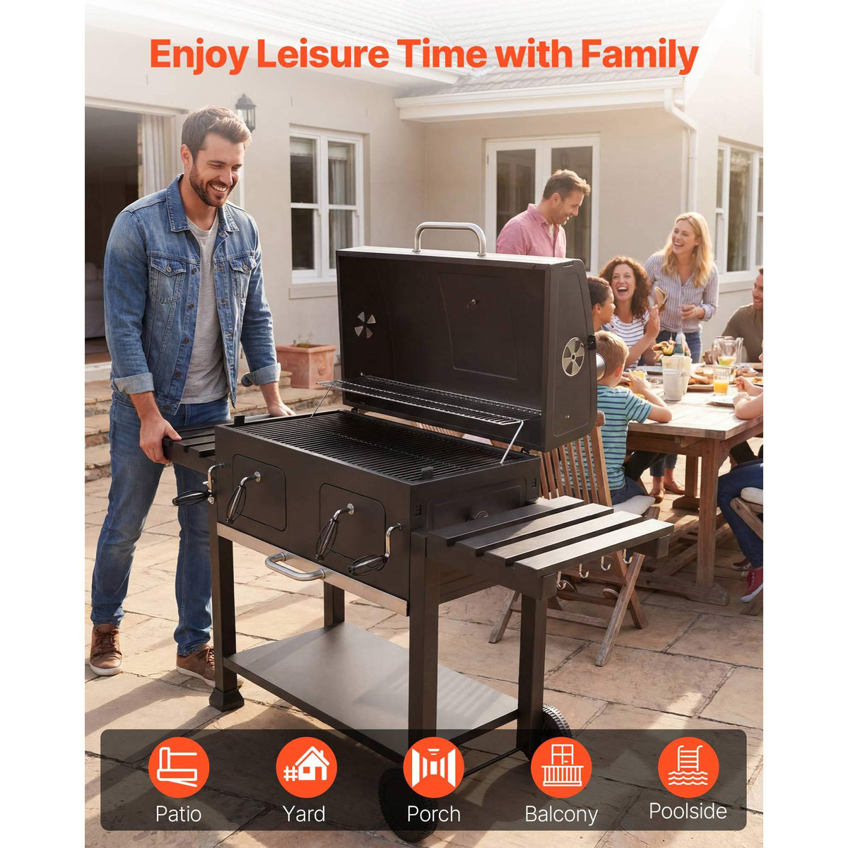 780 sq.in Extra‑Large Charcoal Barbecue Grill, High‑Temp Powder‑Coated Steel BBQ Grill with 2 Liftable Charcoal Trays & Folding Side Tables for Patio & Backyard Parties