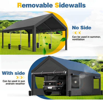 Sturdy Portable Carport Garage Gazebo, All‑Season Tarp Car Canopy with Roll‑Up Ventilated Windows, Detachable Sidewalls & Doors for Cars, Trucks and Boats