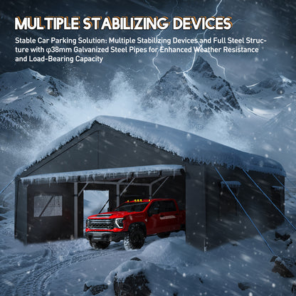 20'x20' Heavy‑Duty Portable Carport Garage, Grey Car Shelter with Removable Side Walls & Doors, Roll‑Up Window and Sandbags for Cars, Trucks & Boats