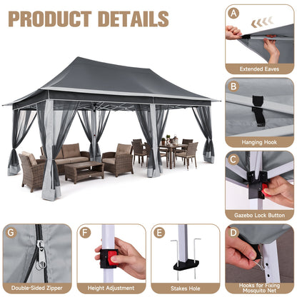 12'x20' Pop‑Up Canopy Tent Gazebo, 210D PU Silver‑Coated Sunshade with 6 Zippered Mesh Mosquito Nets, Sandbags & Storage Bag, 3‑Level Adjustable Height for Patio, Courtyard, Parties & Picnics