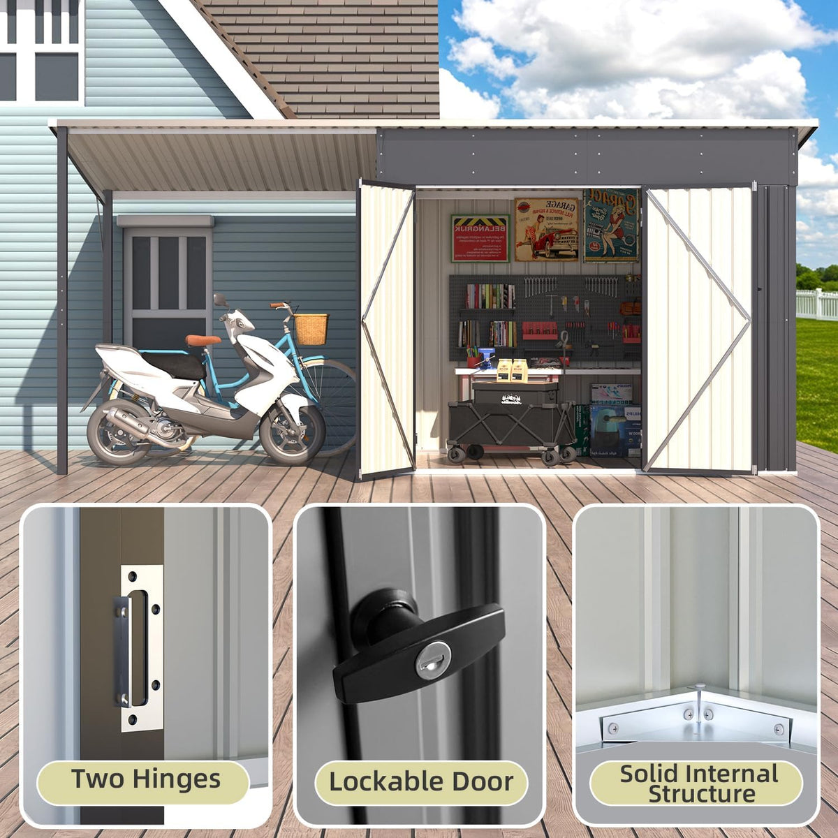 8'x6' Open‑Sided Metal Storage Shed, 48 Sq.Ft 2‑in‑1 Tool Shed & Hardtop Metal Pergola Gazebo, Multi‑Purpose Outdoor Shelter for Patio, Backyard & Garden