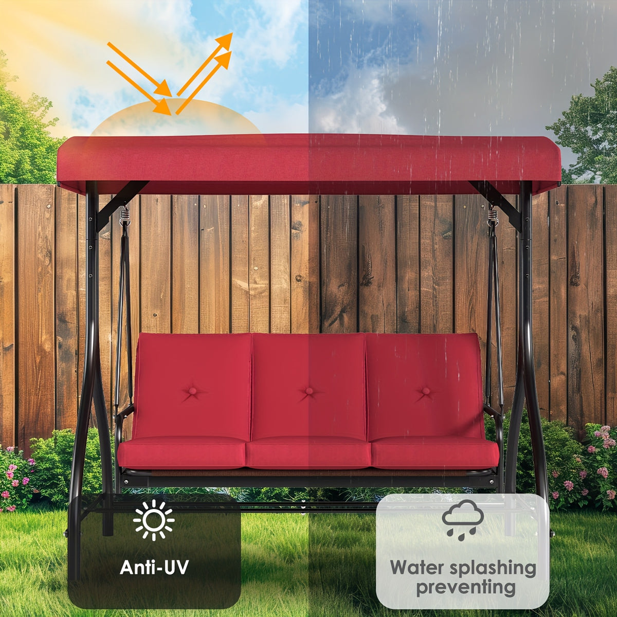 3 Person Patio Porch Swing Outdoor Converting Swing Glider Hammock with Adjustable Canopy, Cushions for Outside Backyard, Garden