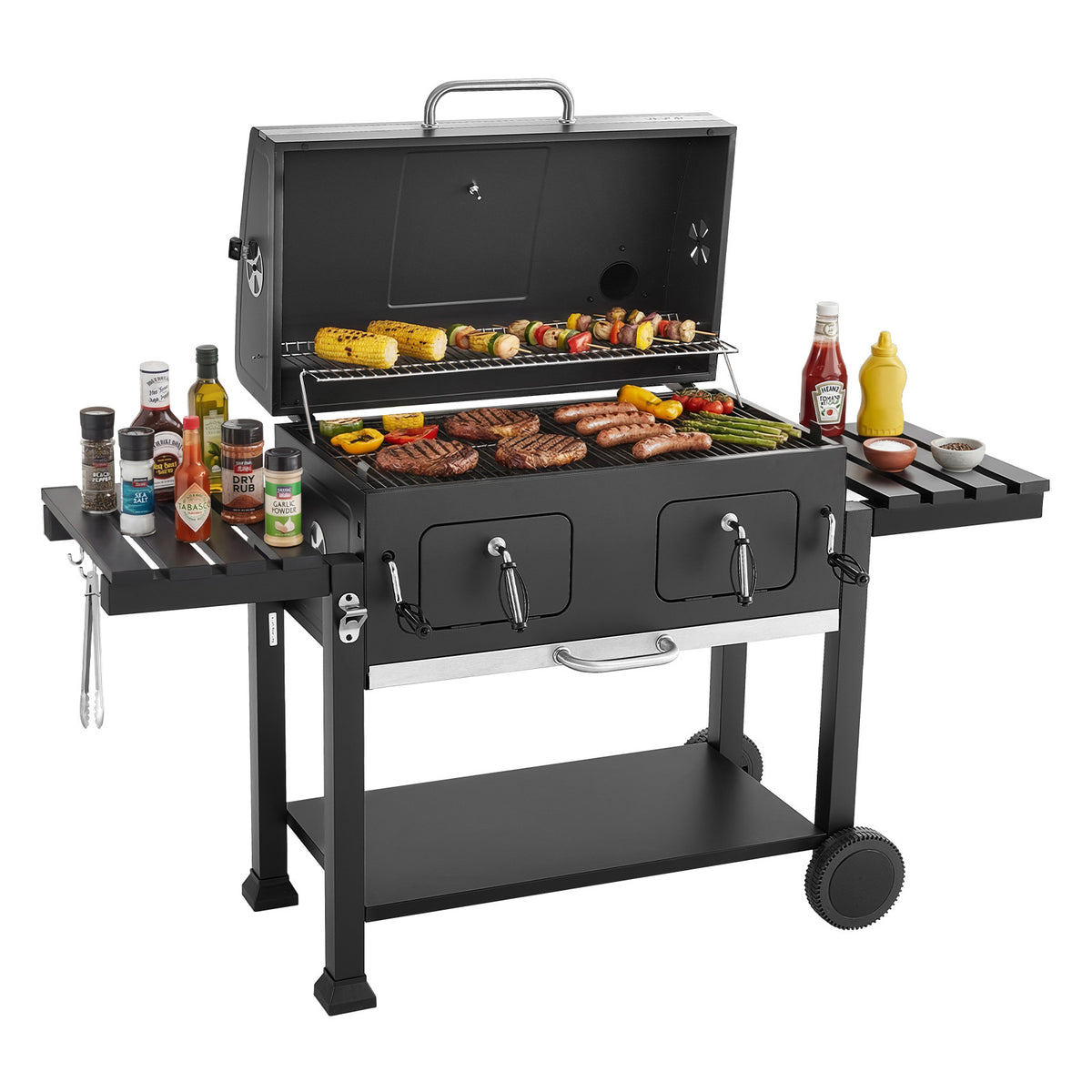 780 sq.in Extra‑Large Charcoal Barbecue Grill, High‑Temp Powder‑Coated Steel BBQ Grill with 2 Liftable Charcoal Trays & Folding Side Tables for Patio & Backyard Parties