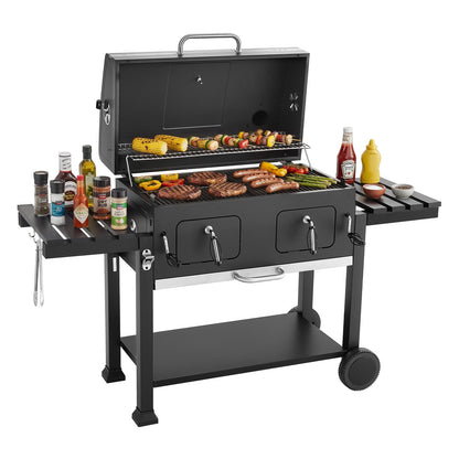 780 sq.in Extra‑Large Charcoal Barbecue Grill, High‑Temp Powder‑Coated Steel BBQ Grill with 2 Liftable Charcoal Trays & Folding Side Tables for Patio & Backyard Parties
