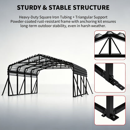 20X20 FT Oversized Galvanized Metal Carport, Heavy Duty Outdoor Car Garage Shelter with Enhanced Base, Waterproof Shade Canopy for Cars, Boats and Tractors, Gray