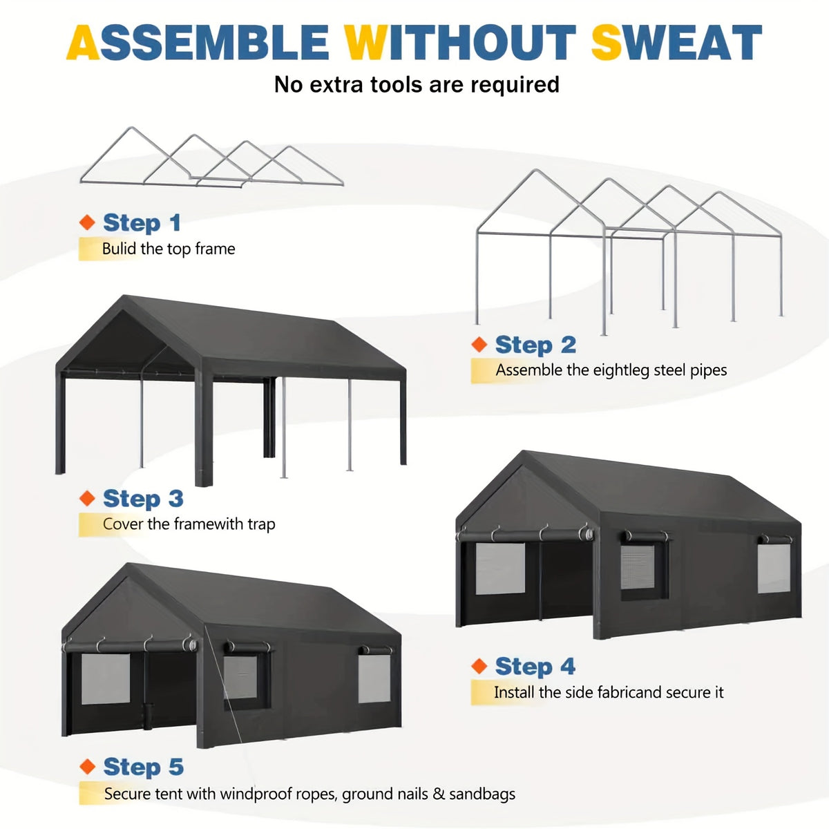 Sturdy Portable Carport Garage Gazebo, All‑Season Tarp Car Canopy with Roll‑Up Ventilated Windows, Detachable Sidewalls & Doors for Cars, Trucks and Boats