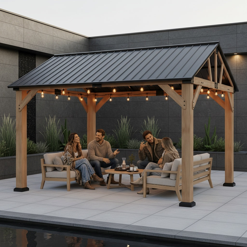 12x10FT Wood Hardtop Gazebo, Permanent Wooden Outdoor Pavilion with Gable‑Style Galvanized Steel Roof for Patio, Garden & Backyard
