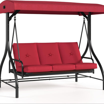 3 Person Patio Porch Swing Outdoor Converting Swing Glider Hammock with Adjustable Canopy, Cushions for Outside Backyard, Garden