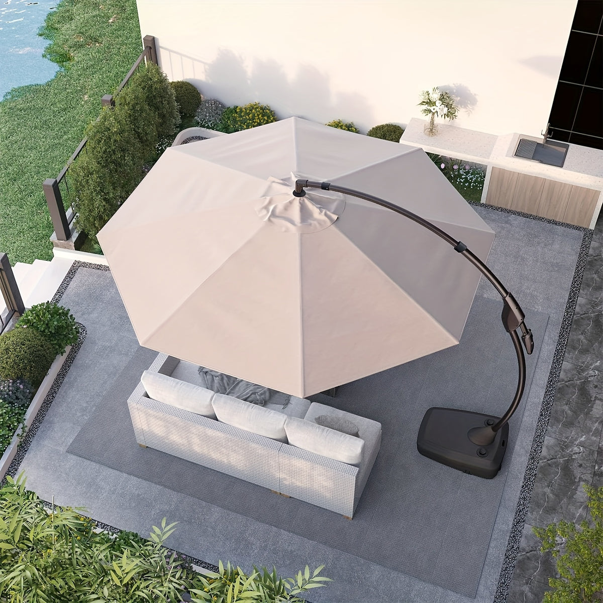 11ft Offset Cantilever Umbrella with Base, Large Round Aluminum Outdoor Hanging Patio Umbrella, Champagne Shade for Patio, Garden & Backyard