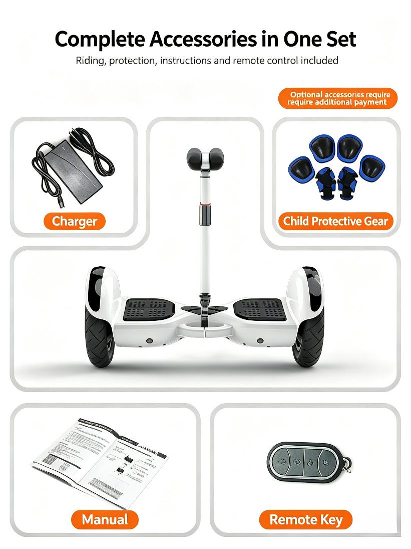 Portable Self‑Balancing Hoverboard with Adjustable Height Handlebar, IP54 Splash Proof & Night LED Lights for Family Outdoor Use