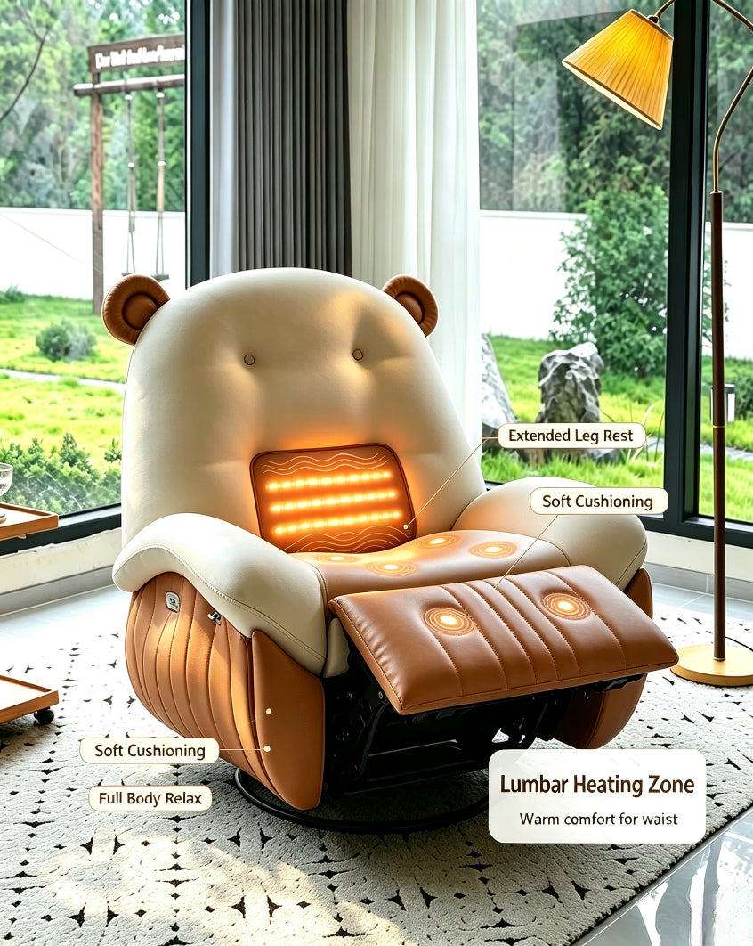 Bear Ear 8‑Point Massage Recliner Chair, Lumbar Heating Swivel Lounge Sofa with Retractable Footrest, Ergonomic Relaxing Recliner for Home Living Room
