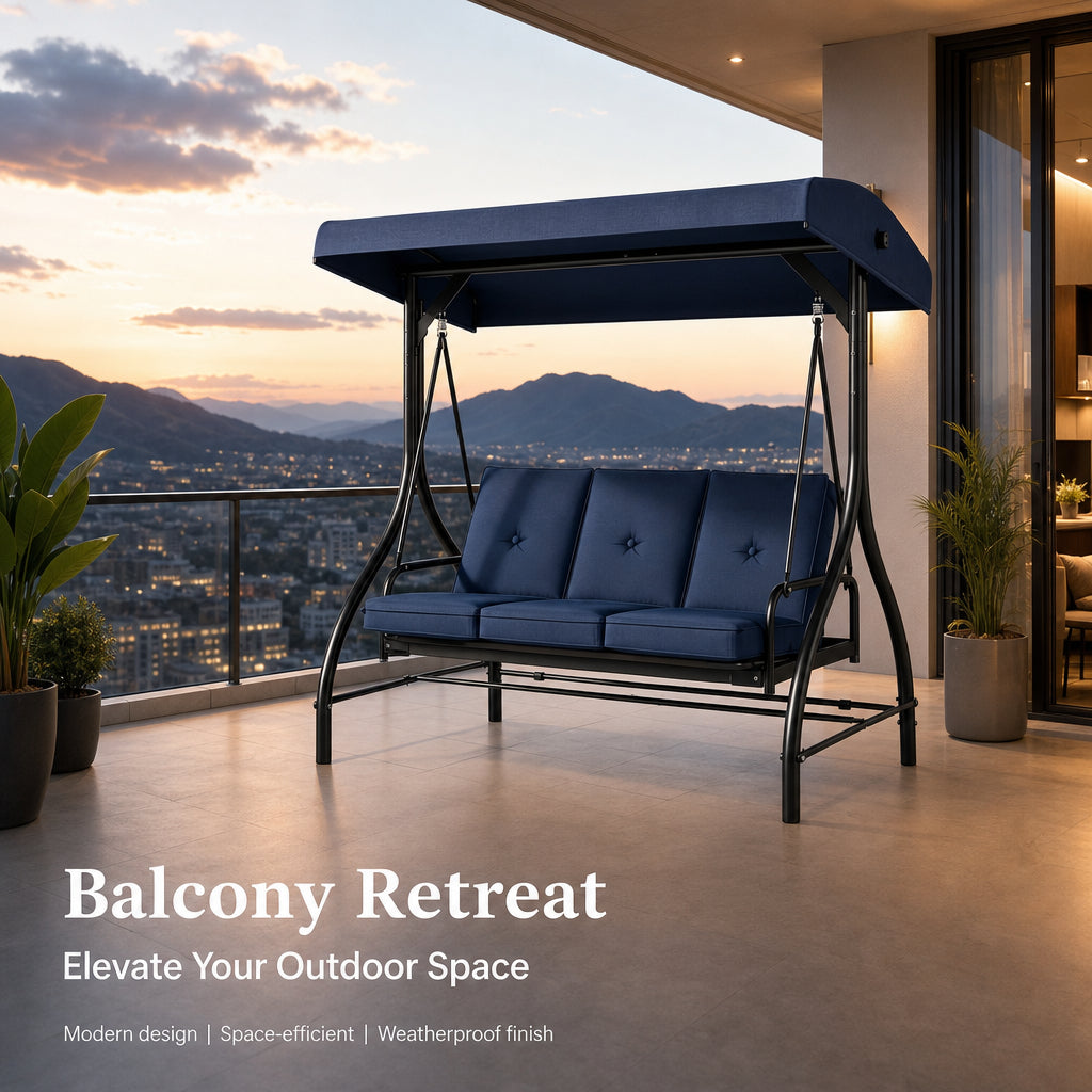 3 seat porch swing, outdoor patio swing, swing chair with canopy, heavy duty steel swing, tufted cushion swing, backyard garden furniture