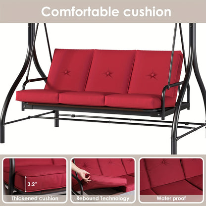 3 Person Patio Porch Swing Outdoor Converting Swing Glider Hammock with Adjustable Canopy, Cushions for Outside Backyard, Garden