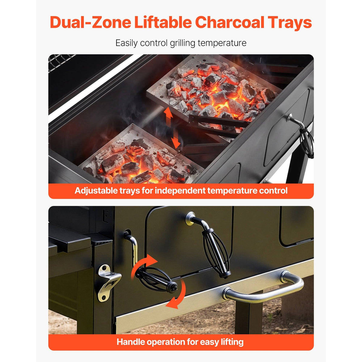 780 sq.in Extra‑Large Charcoal Barbecue Grill, High‑Temp Powder‑Coated Steel BBQ Grill with 2 Liftable Charcoal Trays & Folding Side Tables for Patio & Backyard Parties