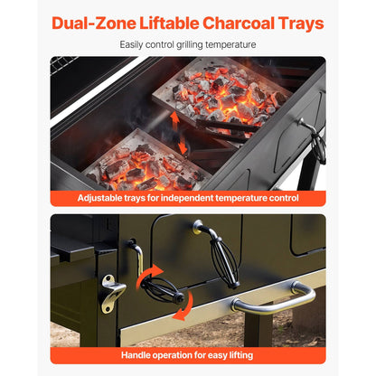 780 sq.in Extra‑Large Charcoal Barbecue Grill, High‑Temp Powder‑Coated Steel BBQ Grill with 2 Liftable Charcoal Trays & Folding Side Tables for Patio & Backyard Parties