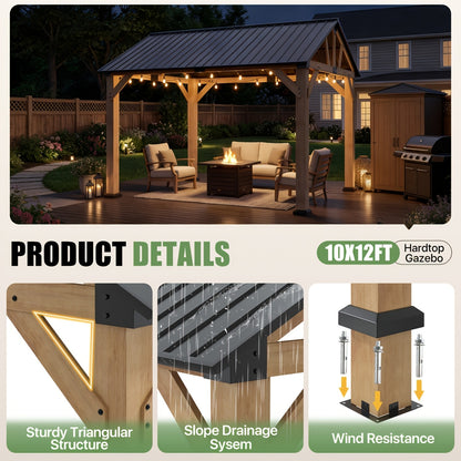 12x10FT Wood Hardtop Gazebo, Permanent Wooden Outdoor Pavilion with Gable‑Style Galvanized Steel Roof for Patio, Garden & Backyard