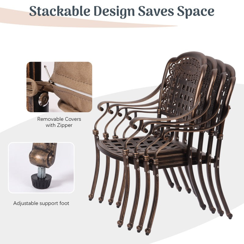 7‑Piece Cast Aluminum Outdoor Patio Dining Set, Ornate Scrollwork Weather‑Resistant Rust‑Proof Patio Furniture, Square Table with 6 Cushioned Chairs for Garden, Backyard & Poolside