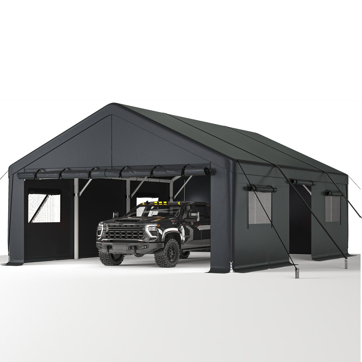 20'x20' Heavy‑Duty Portable Carport Garage, Grey Car Shelter with Removable Side Walls & Doors, Roll‑Up Window and Sandbags for Cars, Trucks & Boats