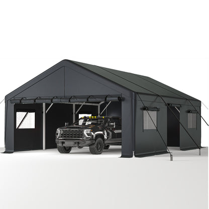 20'x20' Heavy‑Duty Portable Carport Garage, Grey Car Shelter with Removable Side Walls & Doors, Roll‑Up Window and Sandbags for Cars, Trucks & Boats