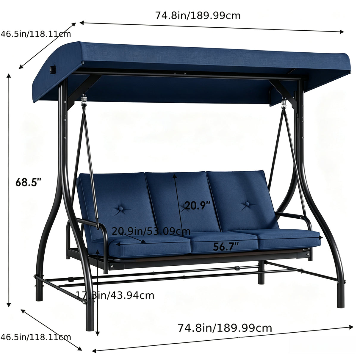 3 seat porch swing, outdoor patio swing, swing chair with canopy, heavy duty steel swing, tufted cushion swing, backyard garden furniture