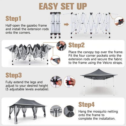 12'x20' Pop‑Up Canopy Tent Gazebo, 210D PU Silver‑Coated Sunshade with 6 Zippered Mesh Mosquito Nets, Sandbags & Storage Bag, 3‑Level Adjustable Height for Patio, Courtyard, Parties & Picnics