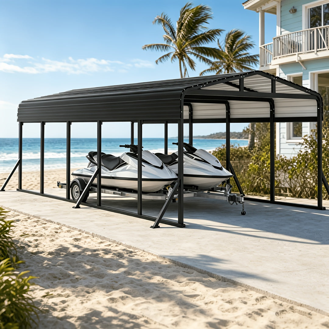 20X20 FT Oversized Galvanized Metal Carport, Heavy Duty Outdoor Car Garage Shelter with Enhanced Base, Waterproof Shade Canopy for Cars, Boats and Tractors, Gray