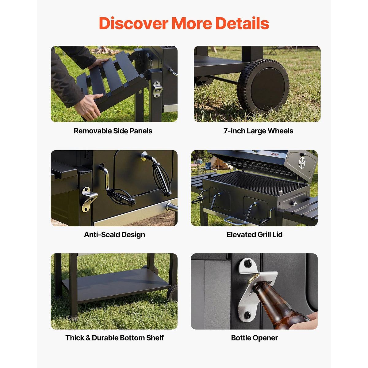 780 sq.in Extra‑Large Charcoal Barbecue Grill, High‑Temp Powder‑Coated Steel BBQ Grill with 2 Liftable Charcoal Trays & Folding Side Tables for Patio & Backyard Parties