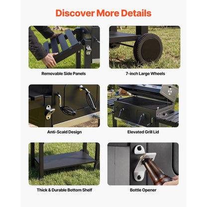 780 sq.in Extra‑Large Charcoal Barbecue Grill, High‑Temp Powder‑Coated Steel BBQ Grill with 2 Liftable Charcoal Trays & Folding Side Tables for Patio & Backyard Parties