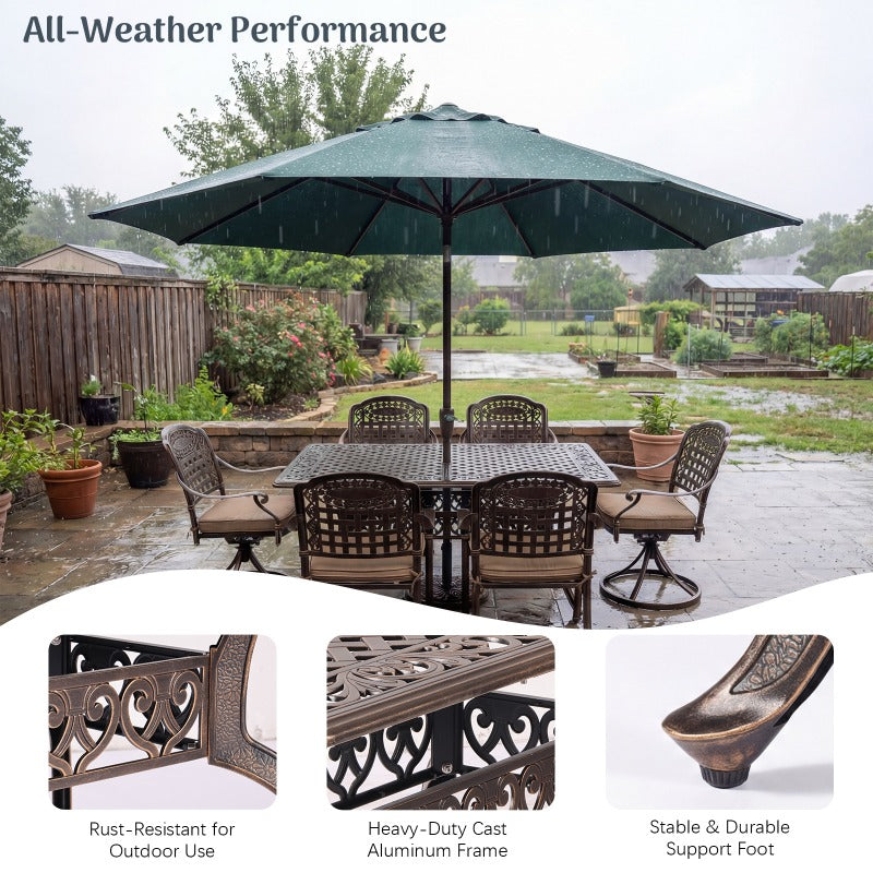 7‑Piece Cast Aluminum Outdoor Patio Dining Set, Ornate Scrollwork Weather‑Resistant Rust‑Proof Patio Furniture, Square Table with 6 Cushioned Chairs for Garden, Backyard & Poolside