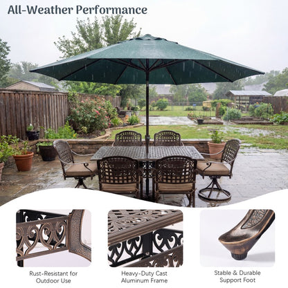 7‑Piece Cast Aluminum Outdoor Patio Dining Set, Ornate Scrollwork Weather‑Resistant Rust‑Proof Patio Furniture, Square Table with 6 Cushioned Chairs for Garden, Backyard & Poolside