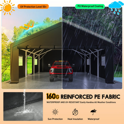 20'x20' Heavy‑Duty Portable Carport Garage, Grey Car Shelter with Removable Side Walls & Doors, Roll‑Up Window and Sandbags for Cars, Trucks & Boats
