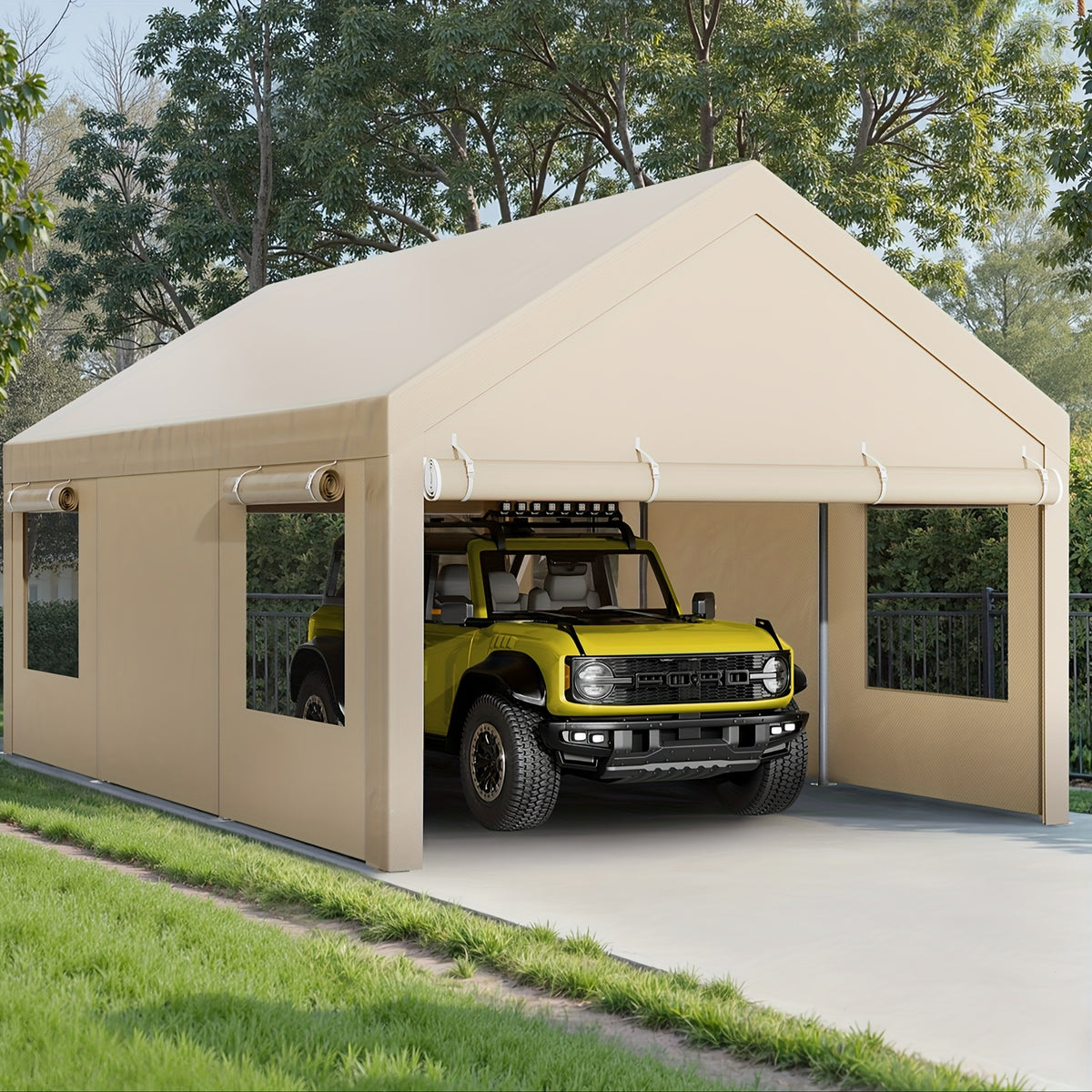 Sturdy Portable Carport Garage Gazebo, All‑Season Tarp Car Canopy with Roll‑Up Ventilated Windows, Detachable Sidewalls & Doors for Cars, Trucks and Boats