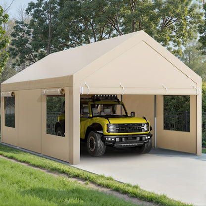 Sturdy Portable Carport Garage Gazebo, All‑Season Tarp Car Canopy with Roll‑Up Ventilated Windows, Detachable Sidewalls & Doors for Cars, Trucks and Boats