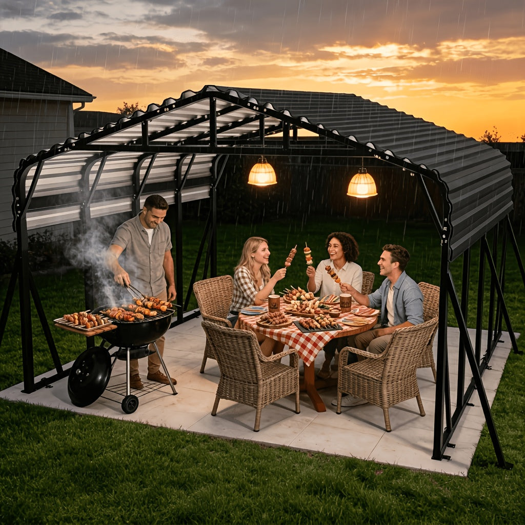 20X20 FT Oversized Galvanized Metal Carport, Heavy Duty Outdoor Car Garage Shelter with Enhanced Base, Waterproof Shade Canopy for Cars, Boats and Tractors, Gray