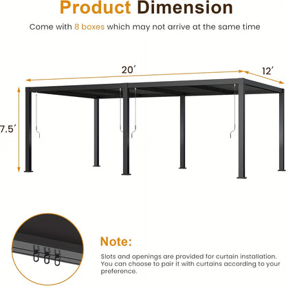 10'x12'/12'x20' Adjustable Louvered Pergola, Heavy‑Duty Aluminum Hardtop Pergola with Adjustable Roof, Dark Gray Metal Outdoor Shelter for Patio, Deck, Garden & Yard