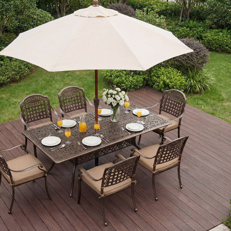 7‑Piece Cast Aluminum Outdoor Patio Dining Set, Ornate Scrollwork Weather‑Resistant Rust‑Proof Patio Furniture, Square Table with 6 Cushioned Chairs for Garden, Backyard & Poolside