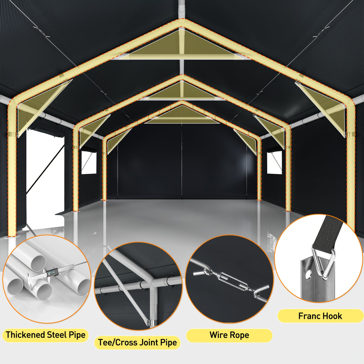 20'x20' Heavy‑Duty Portable Carport Garage, Grey Car Shelter with Removable Side Walls & Doors, Roll‑Up Window and Sandbags for Cars, Trucks & Boats