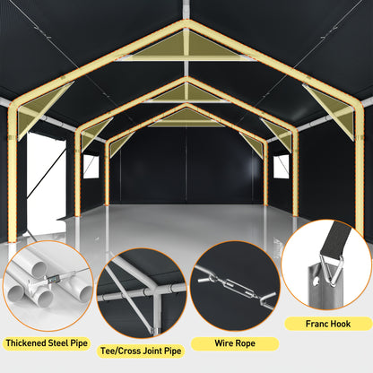20'x20' Heavy‑Duty Portable Carport Garage, Grey Car Shelter with Removable Side Walls & Doors, Roll‑Up Window and Sandbags for Cars, Trucks & Boats