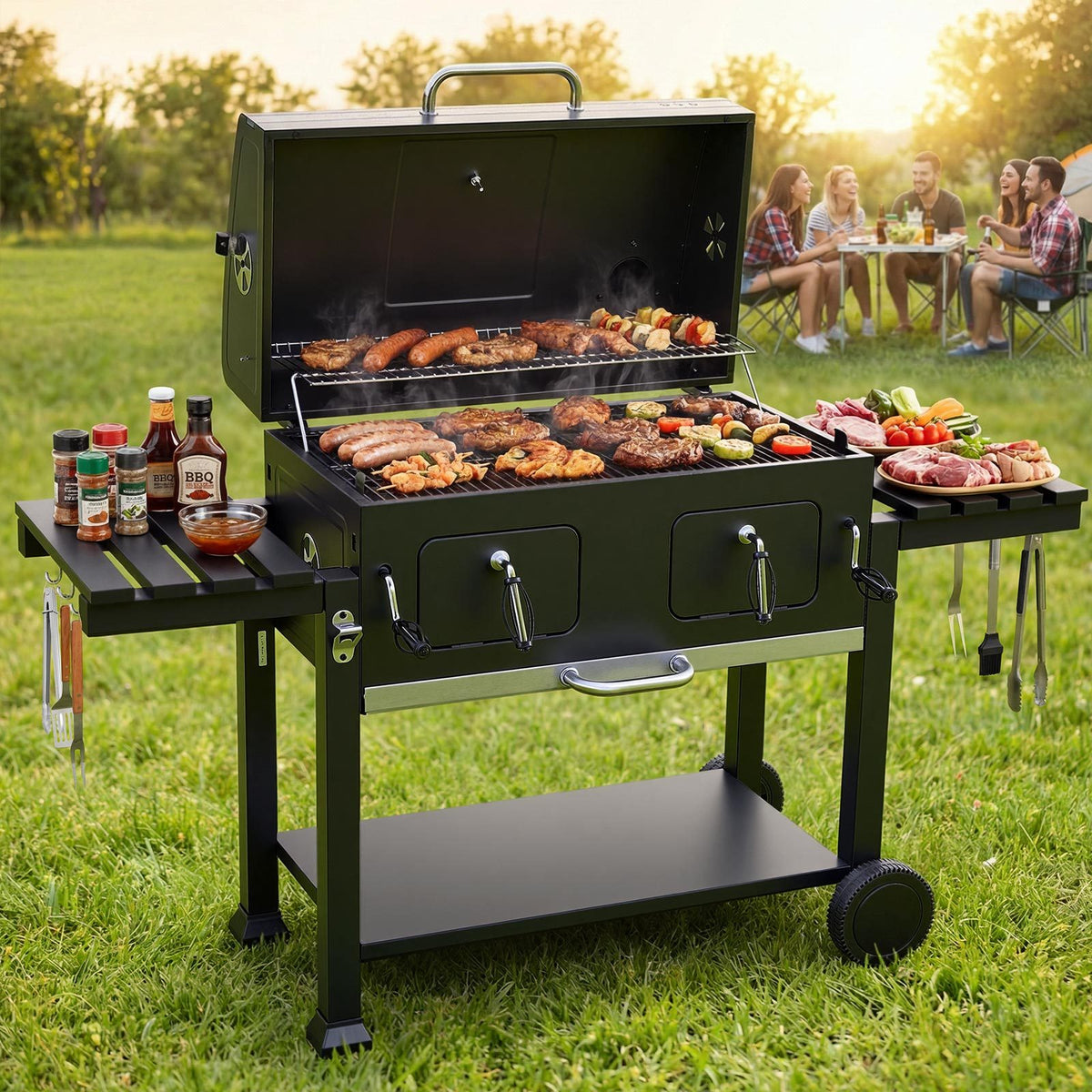 780 sq.in Extra‑Large Charcoal Barbecue Grill, High‑Temp Powder‑Coated Steel BBQ Grill with 2 Liftable Charcoal Trays & Folding Side Tables for Patio & Backyard Parties