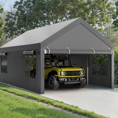 Sturdy Portable Carport Garage Gazebo, All‑Season Tarp Car Canopy with Roll‑Up Ventilated Windows, Detachable Sidewalls & Doors for Cars, Trucks and Boats