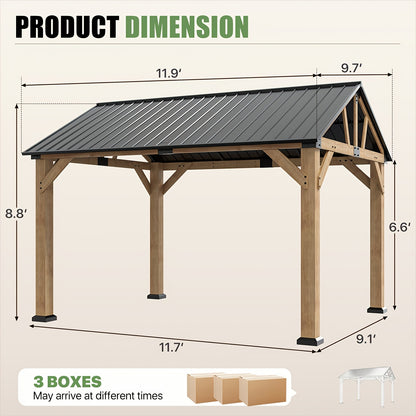 12x10FT Wood Hardtop Gazebo, Permanent Wooden Outdoor Pavilion with Gable‑Style Galvanized Steel Roof for Patio, Garden & Backyard