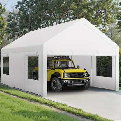 Sturdy Portable Carport Garage Gazebo, All‑Season Tarp Car Canopy with Roll‑Up Ventilated Windows, Detachable Sidewalls & Doors for Cars, Trucks and Boats