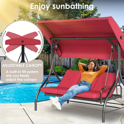 3 Person Patio Porch Swing Outdoor Converting Swing Glider Hammock with Adjustable Canopy, Cushions for Outside Backyard, Garden