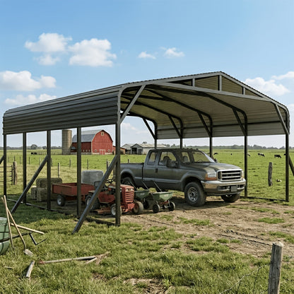 20X20 FT Oversized Galvanized Metal Carport, Heavy Duty Outdoor Car Garage Shelter with Enhanced Base, Waterproof Shade Canopy for Cars, Boats and Tractors, Gray