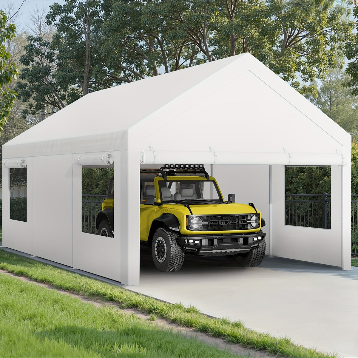 Sturdy Portable Carport Garage Gazebo, All‑Season Tarp Car Canopy with Roll‑Up Ventilated Windows, Detachable Sidewalls & Doors for Cars, Trucks and Boats