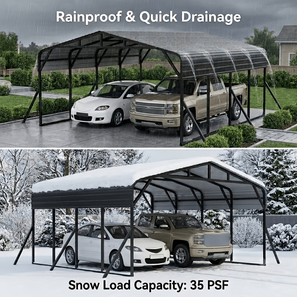 20X20 FT Oversized Galvanized Metal Carport, Heavy Duty Outdoor Car Garage Shelter with Enhanced Base, Waterproof Shade Canopy for Cars, Boats and Tractors, Gray